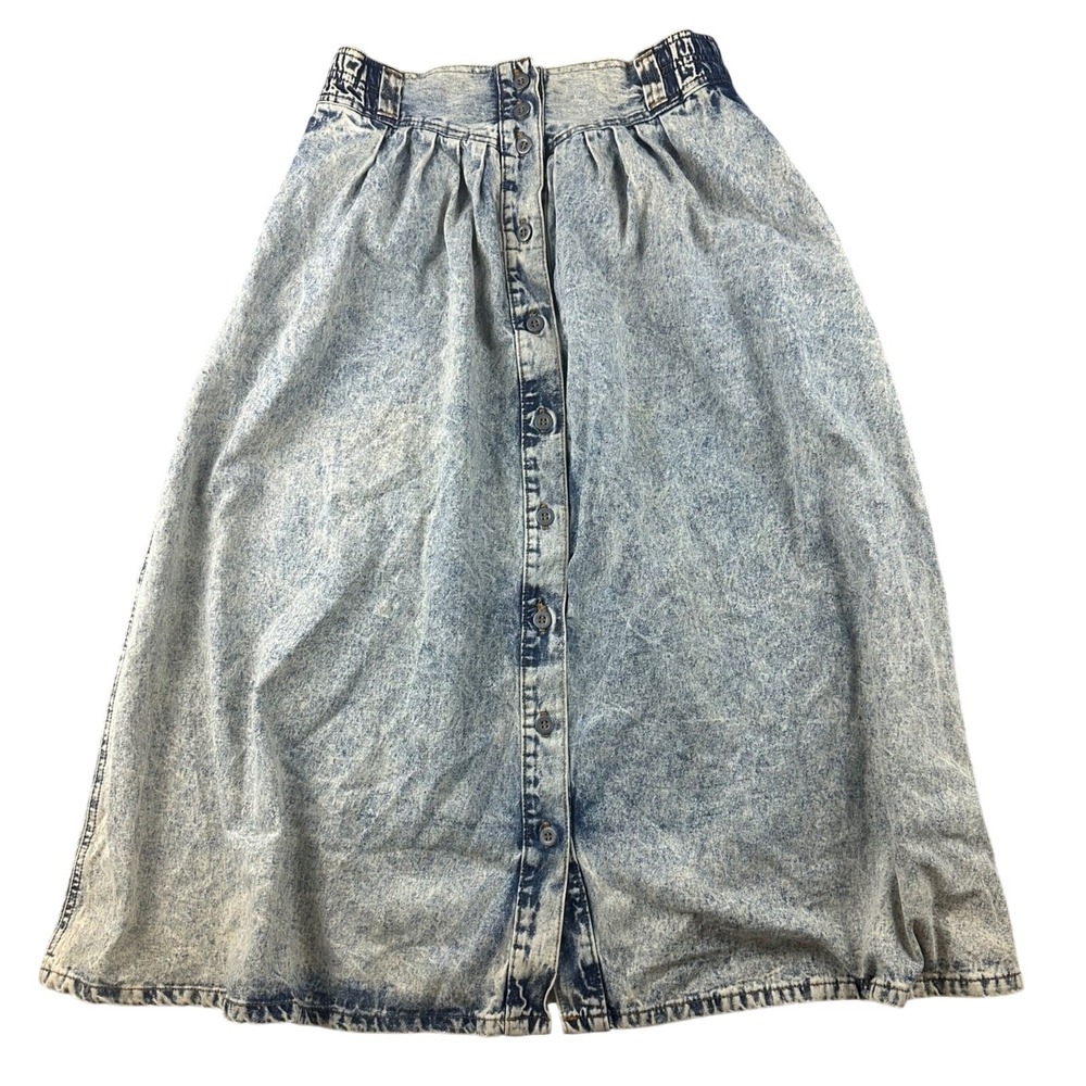 Vintage Memphis Skirt Women 8 Blue Denim Acid Wash Button Front USA Made Grunge